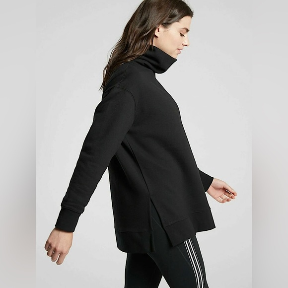 ATHLETA 24/7 Funnel Neck Sweatshirt XS BLACK CYA Fleece Turtleneck Side Slit Top - Picture 2 of 11